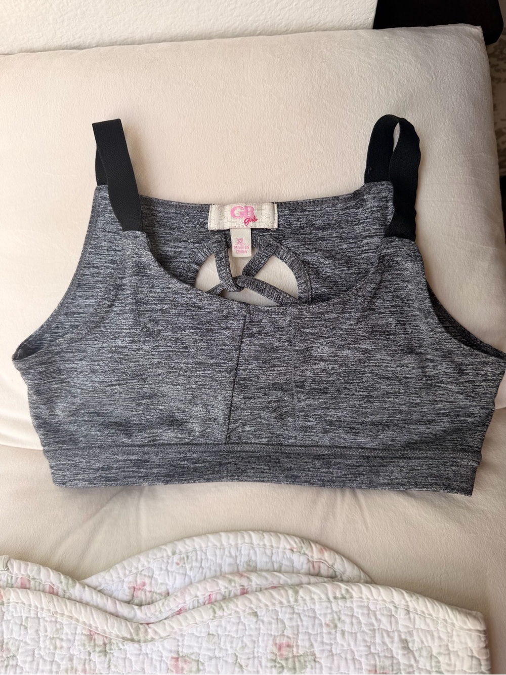 GB girls Gray Heather Sports Bralette with Black Straps